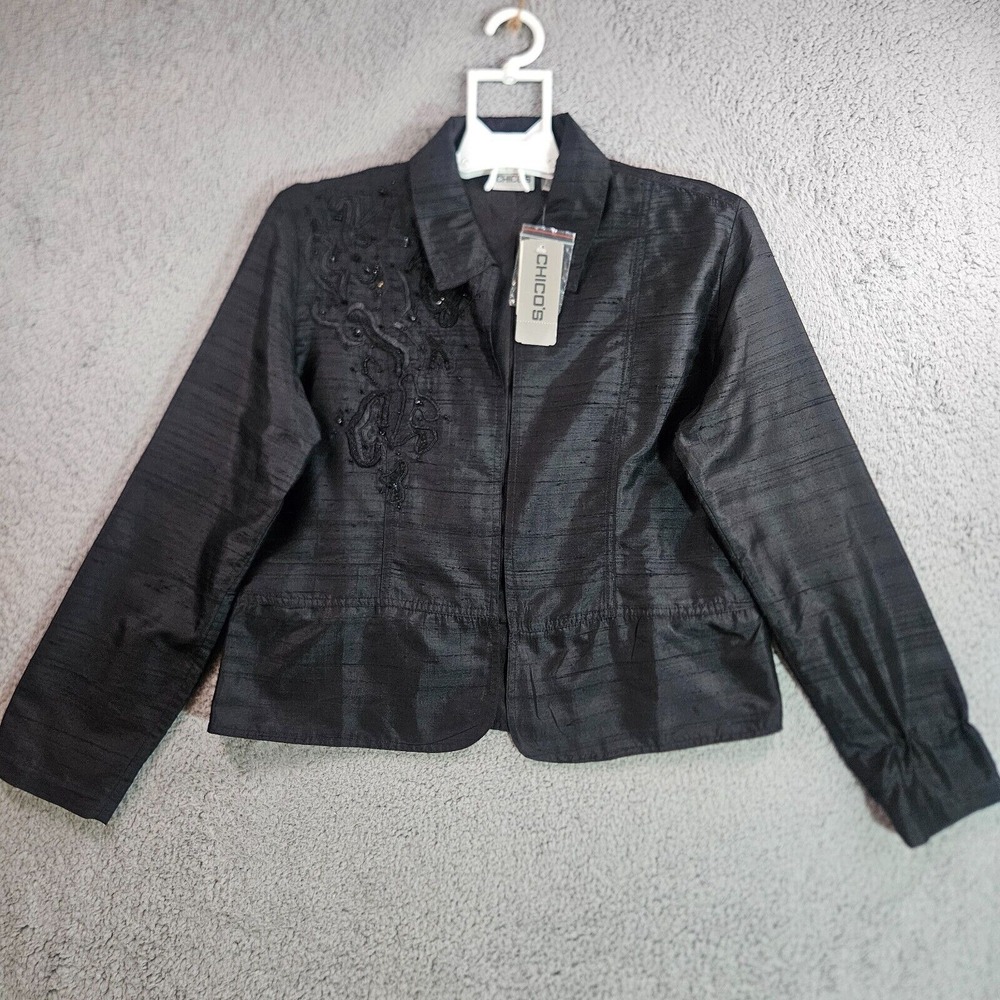 $148 NWT Chico's Blazer Cardigan Size 1 Silk Embroidered Open Front Black Artsy